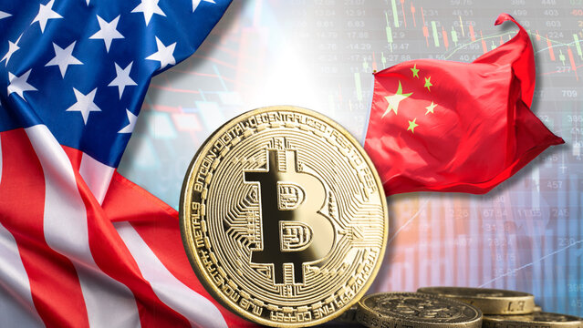 The US-China relationship is causing volatility in Bitcoin and the financial markets, as evidenced by the cryptocurrency's yellow color, the two countries' flags, and the red stock market charts 