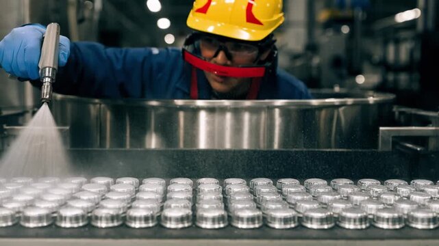 Medium shot capturing a worker spraying beveragegrade corrosionresistant crown coatings on bottle caps enhancing durability and safety for liquid packaging lines