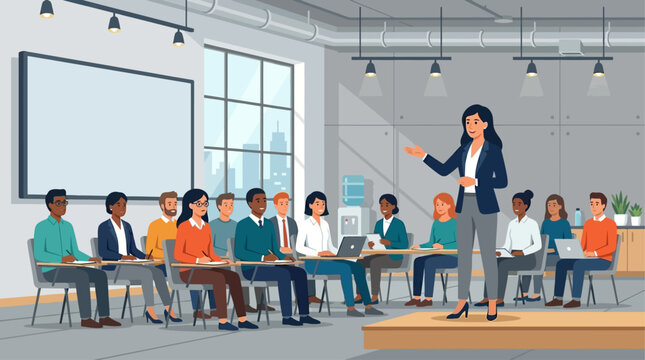 This flat design illustration portrays a business professional delivering a presentation in a contemporary industrial-style conference room. It captures a moment of knowledge sharing
