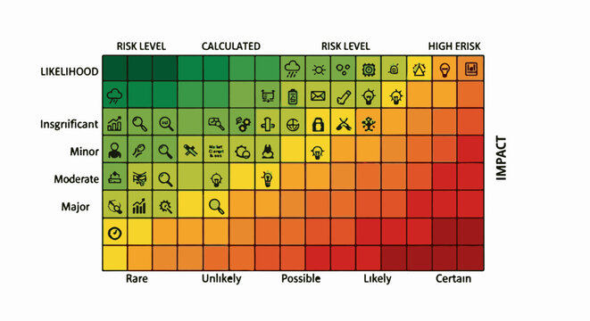 Risk matrix with likelihood and impact levels and associated icons