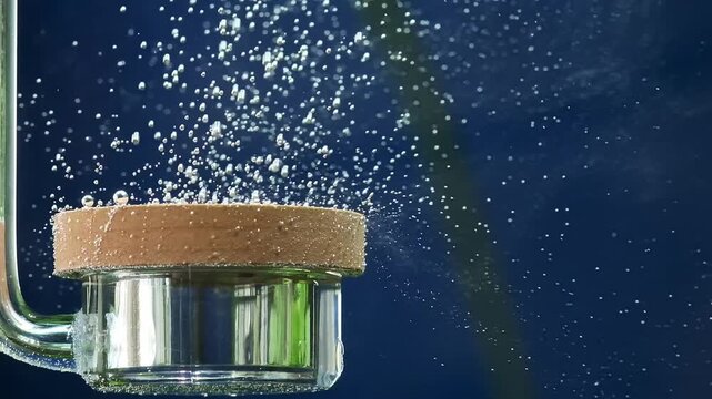 Slow motion of bubbles under water, freshwater aquarium. Oxygen diffuser under water pumping a lot of small bubbles.  Co2 reactor in freshwater aquarium makes bubbles.  Relaxation and meditation scene