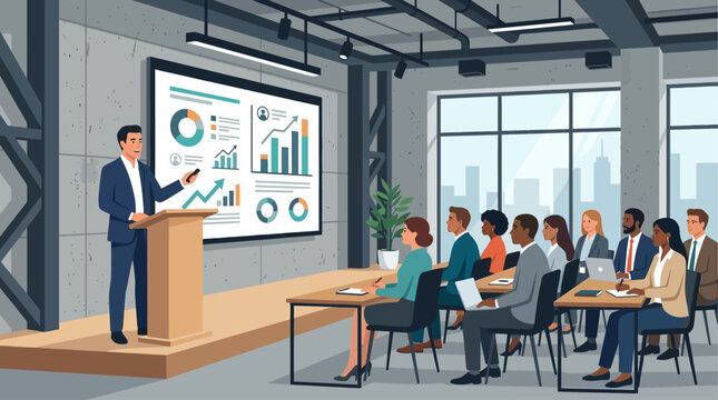 This flat design illustration portrays a business professional delivering a presentation in a contemporary industrial-style conference room. It captures a moment of knowledge sharing