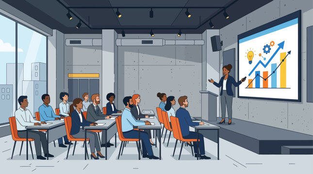 This flat design illustration portrays a business professional delivering a presentation in a contemporary industrial-style conference room. It captures a moment of knowledge sharing