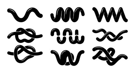 Collection of black rope knots and wavy lines on white background Vector © MSTRANI