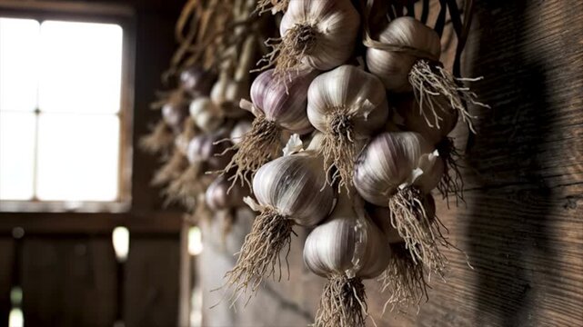 4K Fresh Harvested Garlic Bulbs Braided and Hanging on Rustic Barn Wall