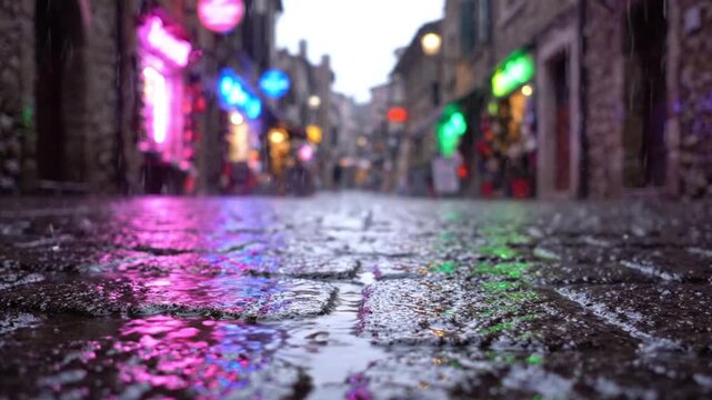 Atmospheric close-up footage of a wet cobblestone street at night, beautifully reflecting vibrant pink and green neon lights from storefronts in a blurred city alley during a rainy evening