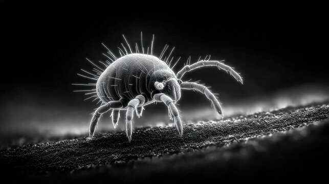 Human and household parasites. Close up of a dust mite under microscopic view on a textured surface
