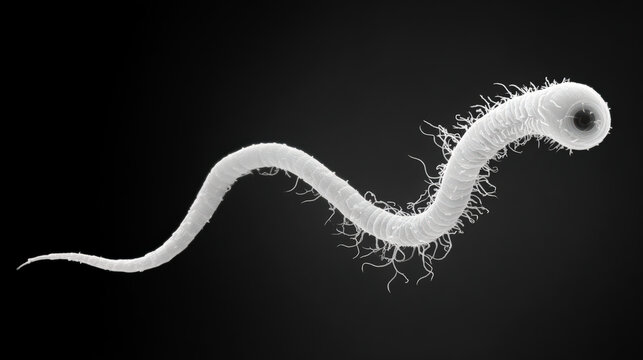 Human and household parasites. Close up of a white worm-like parasite with a curved body isolated on a dark background