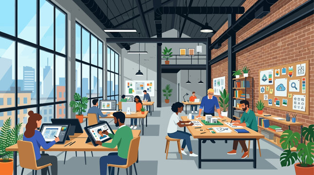 This flat design illustration showcases a bustling creative design studio located within an industrial loft space, emphasizing innovation and artistic collaboration.