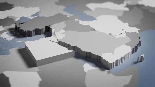 World map animation Birds eye view above Middle East, Arab countries, Arab states with highlighted country borders. Cinematic 3d world map animation highlights aerial views, 4k Video
