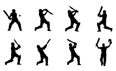 Cricket player silhouette collection, batsman hitting ball and celebrating victory Vector © MSTRANI