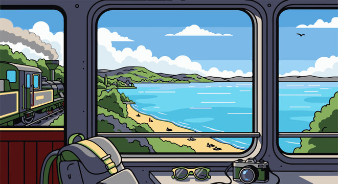 Pixel art view from a train window overlooking a beach and ocean with a vintage camera