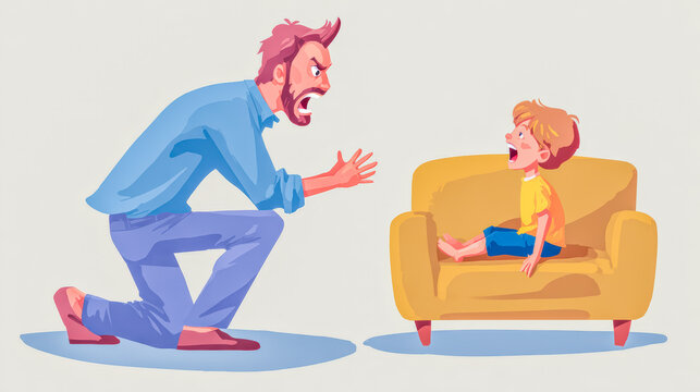 Angry man scolding a frightened child during a parenting conflict at home