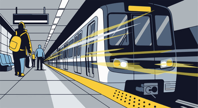 People wait for a train on a brightly lit station platform