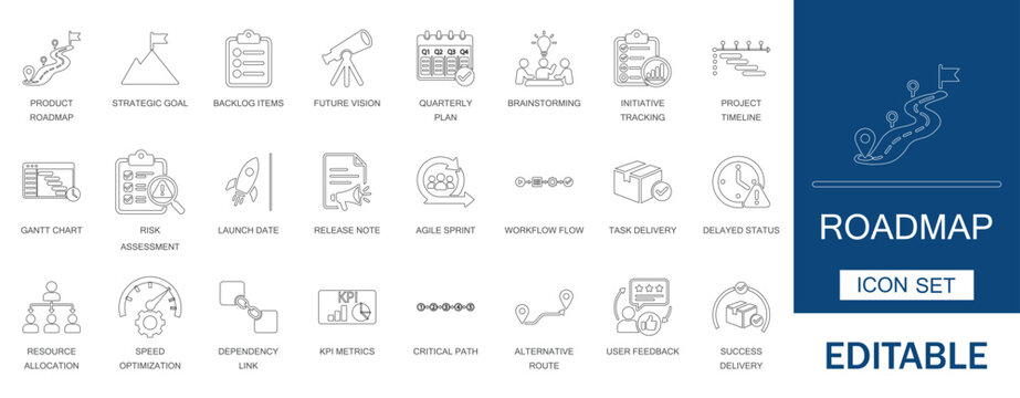 Product roadmap and project management icon set. Vector symbols for gantt chart, agile sprint, and timeline. Thin line style for strategic plan, kpi, and workflow.