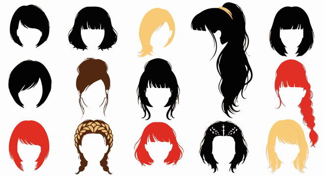 Collection of diverse cartoon-style hairstyles shown against a white background