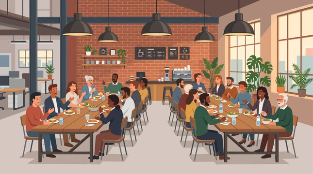 This flat design illustration shows a diverse startup team enjoying a relaxed lunch in a stylish industrial-themed office cafe. It highlights team bonding and a positive work culture