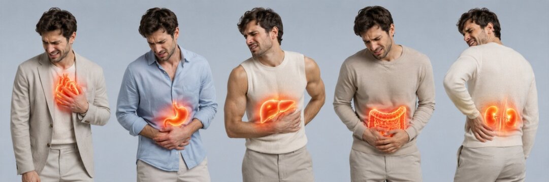 Man suffering from various body organ pain. Human anatomy with highlighted glowing areas indicating heart, stomach, liver, intestine, and kidney ache. Medical health diagnostic concept.
