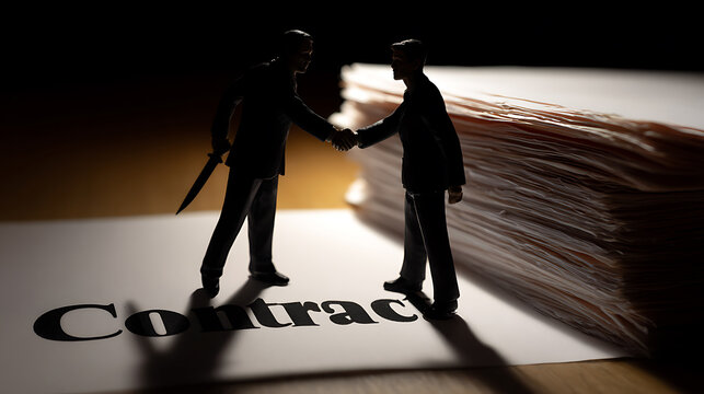 Business Deceit and Hidden Motives: Silhouette Figures on Contract With Knife Behind Back, Illustrates Betrayal and Unfair Dealings