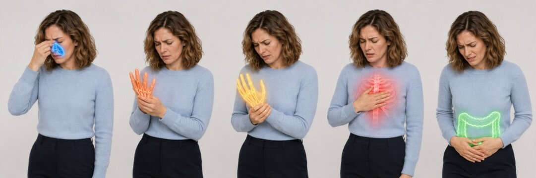 Woman showing multiple health problem sites highlighted on body with glowing anatomy icons. Visualization of sinus, hand, joint, chest, or stomach pain. Medical diagnostic symptom concept.