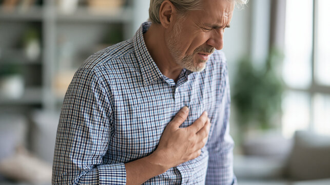 Man holding his chest in pain, representing heart attack symptoms, cardiovascular disease, medical emergency, cardiac health risks, and urgent healthcare needs