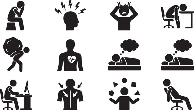 Flat icons showing stress relief and relaxation techniques