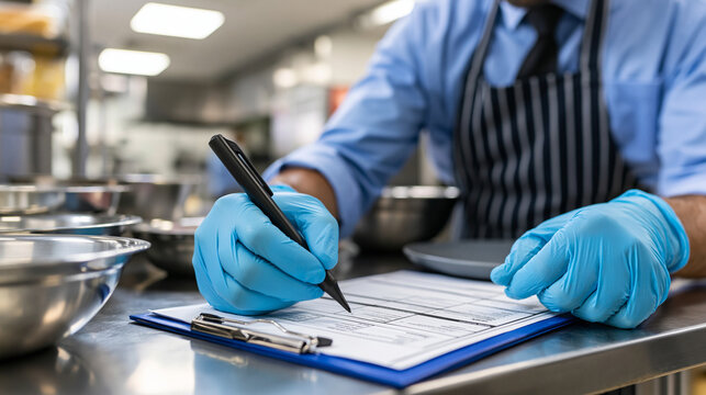 Food safety inspector documenting inspection results in a commercial kitchen, representing quality assurance, hygiene standards, compliance, and food industry safety
