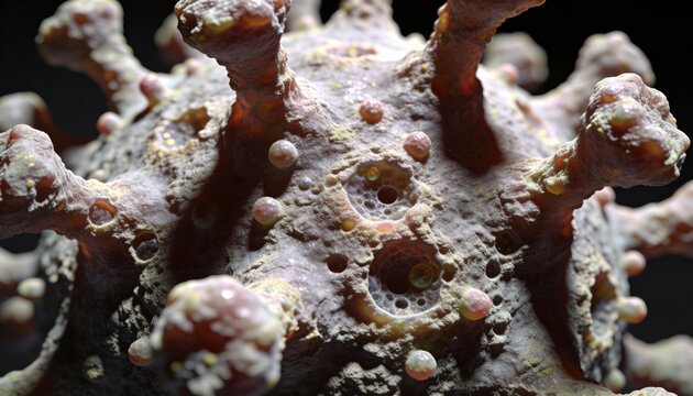 Showing pathogen sphere revealing short spikes, pitted surface, bubble cavities under microscope