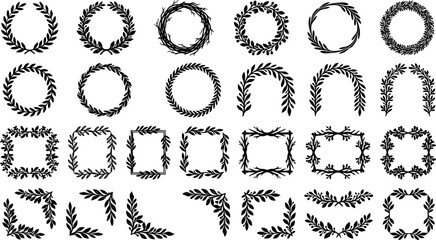 Fototapeta premium Set of black botanical wreaths and frames with leaves and branches isolated on white background