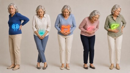 Obraz premium Senior woman experiencing pain in various internal organs shown with anatomy holograms. Medical visualization of kidney, bladder, intestine, stomach, and liver disease. Healthcare awareness.