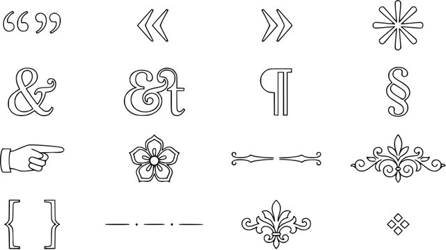 Set of typographic symbols, decorative ornaments and punctuation marks for design elements