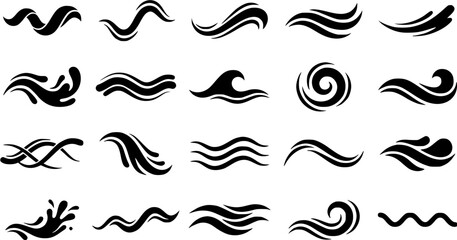 Fototapeta premium Set of black silhouette water waves and liquid splash icons isolated on white background