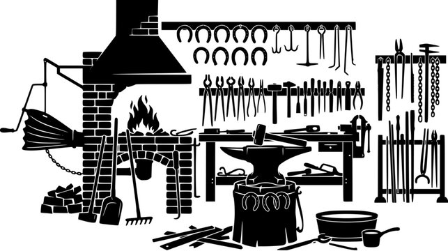 Black silhouette of a blacksmith workshop with an anvil, forge with fire, and collection of metalworking tools on the walls