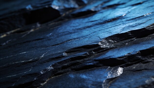 Displaying dark shale showing fine strata, fissures, mica flakes, wet sheen at coastal shelf