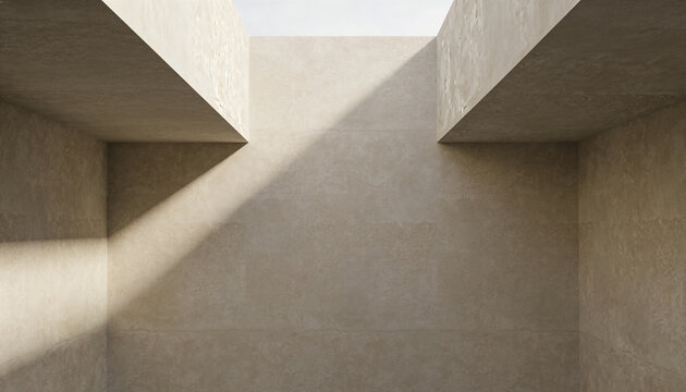 Framing central tiled back wall showing diagonal sunlight in lightwell with skylight and overhangs