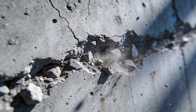 Showing cracked concrete groove holding loose gravel and airborne dust on bridge parapet, with rust