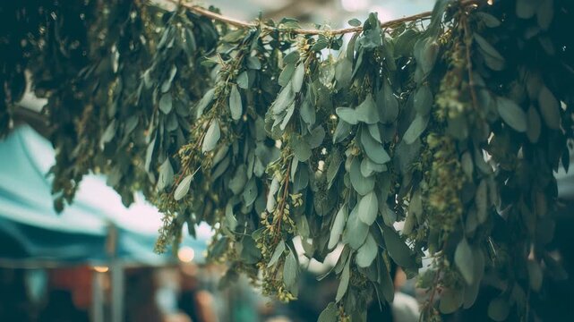 Fresh green branches of eucalyptus hang in a row at an outdoor market, creating a natural and aromatic display. Soft bokeh lights and blurred tents enhance the rustic atmosphere
