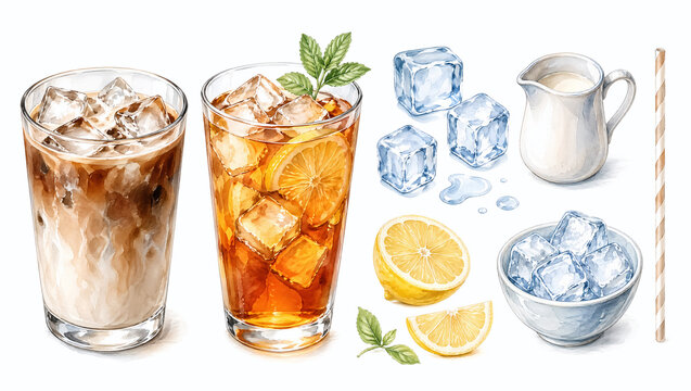 Watercolor iced coffee and tea clipart set with lemon and ice bowl. Hand drawn illustration of cold beverages isolated on white background. For cafe menu and design