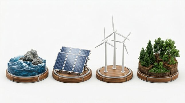 3D isometric linear sequence of four ecological blocks showing ocean waves, solar panels, wind turbines, and a dense forest, symbolizing a complete renewable energy and nature transition.
