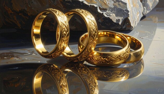 Three gold rings on reflective surface, intricate engraved Celtic geometric patterns, two intertwined, one beside, rough stone background, polished craftsmanship, symbolic jewelry design, decorative e