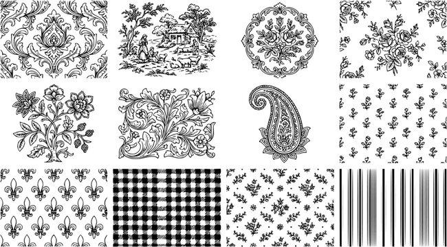 Set of classic decorative patterns including damask, floral motifs, toile de jouy scenery, paisley, gingham, and stripes in black and white line art style