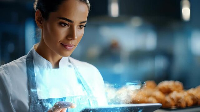 Confident female chef in a modern kitchen uses a digital tablet with futuristic holographic interface, blending culinary expertise with advanced technology. Innovation meets gastronomy here