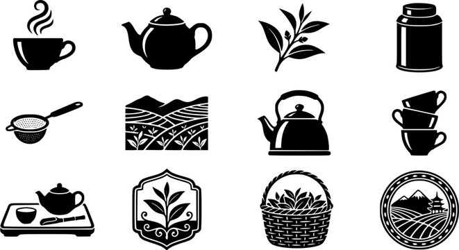 Set of tea icons including teapots, cups, tea leaves, and plantation fields in a flat black silhouette style