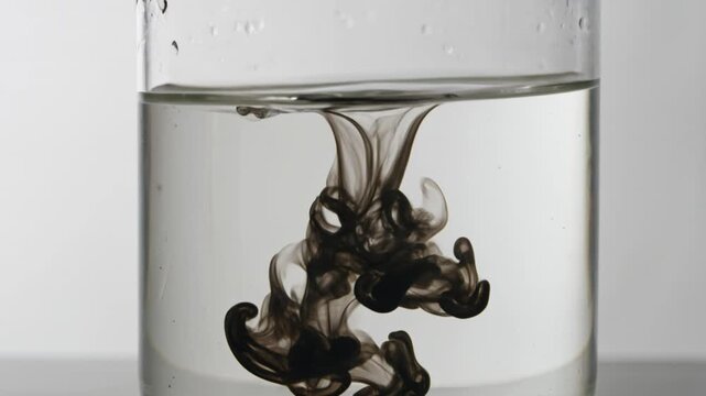 Black Ink Drop Falling into Clear Water Glass Close Up