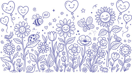 Fototapeta premium Whimsical garden silhouette with smiling flowers and insects