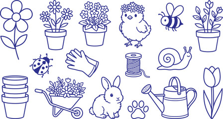 Silhouette of gardening tools and animals in blue outline on white background © salmagd988