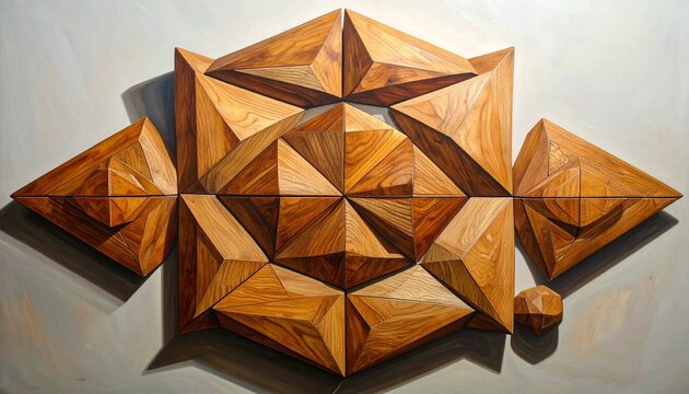 Symmetrical geometric wooden sculpture of polygonal faceted blocks, polished finish with visible grain, tessellated design, angular surfaces, interplay of light and shadow, craftsmanship, artistic com
