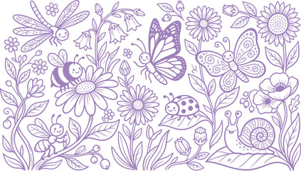 Vibrant floral silhouette with insects and butterflies © salmagd988