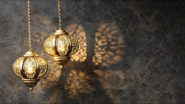 Ornate golden lanterns, intricate light patterns, casting a sacred glow for a Muslim Islamic holiday celebration, traditional religious decorations for Ramadan and Eid Mubarak