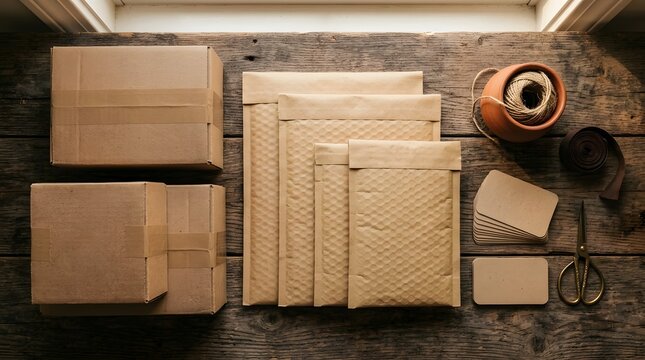 Brown cardboard boxes, padded envelopes, and packing supplies laid out on a rustic wooden table, ready for shipping or crafting.